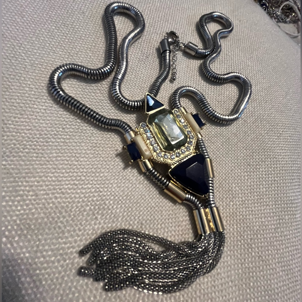 The Limited Art Deco Style Navy Blue Silver & Gold Tassel Statement Necklace